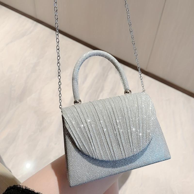 Glitter Metal Chain Handbag Pleated Textured Flap Purse