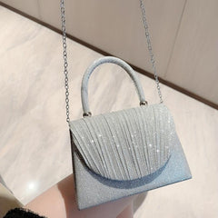 Glitter Metal Chain Handbag Pleated Textured Flap Purse