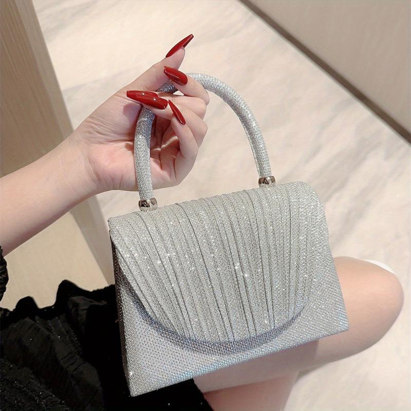 Glitter Metal Chain Handbag Pleated Textured Flap Purse