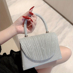 Glitter Metal Chain Handbag Pleated Textured Flap Purse