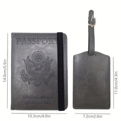 2pcs Passport Holder & Luggage Tag Set PU Leather Travel Bag for Men & Women