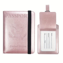 2pcs Passport Holder & Luggage Tag Set PU Leather Travel Bag for Men & Women