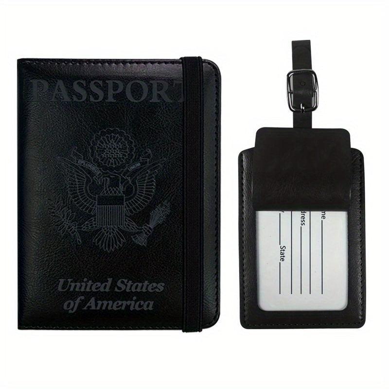 2pcs Passport Holder & Luggage Tag Set PU Leather Travel Bag for Men & Women