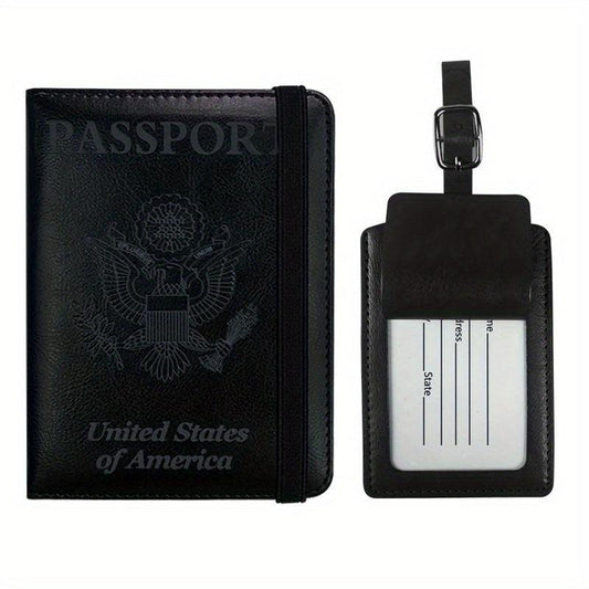 2pcs Passport Holder & Luggage Tag Set PU Leather Travel Bag for Men & Women