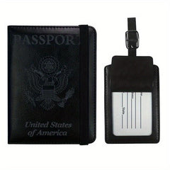 2pcs Passport Holder & Luggage Tag Set PU Leather Travel Bag for Men & Women