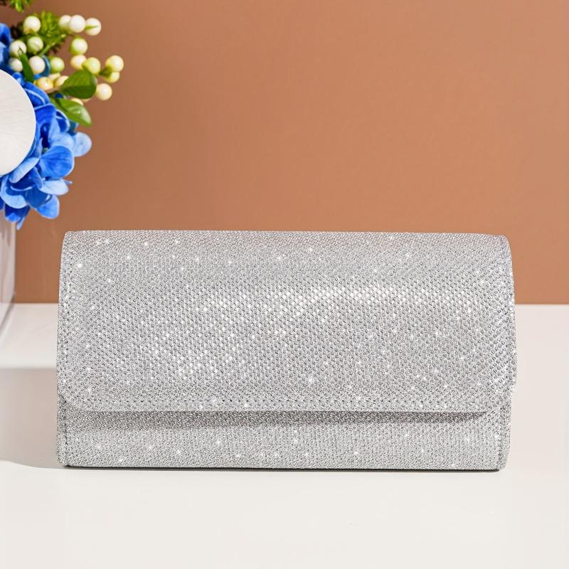 Glitter Flap Evening Bag Chain Strap Silver Clutch Bag