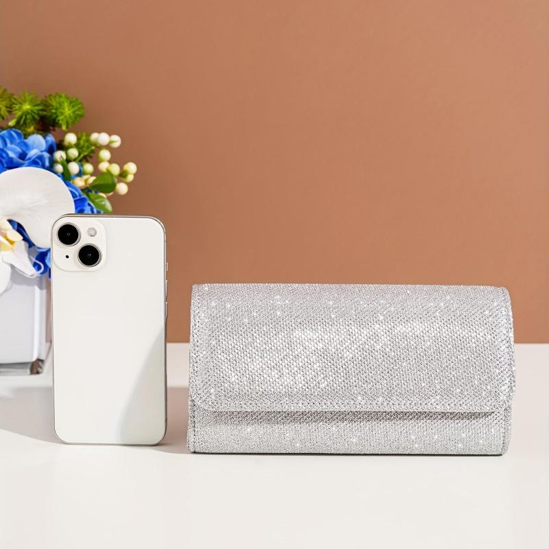 Glitter Flap Evening Bag Chain Strap Silver Clutch Bag
