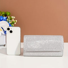 Glitter Flap Evening Bag Chain Strap Silver Clutch Bag