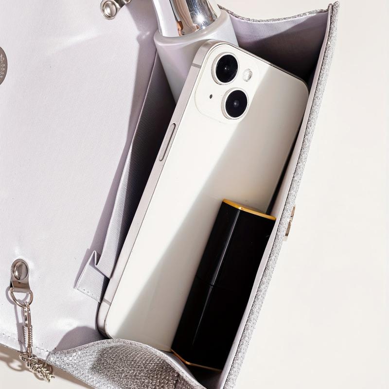 Glitter Flap Evening Bag Chain Strap Silver Clutch Bag