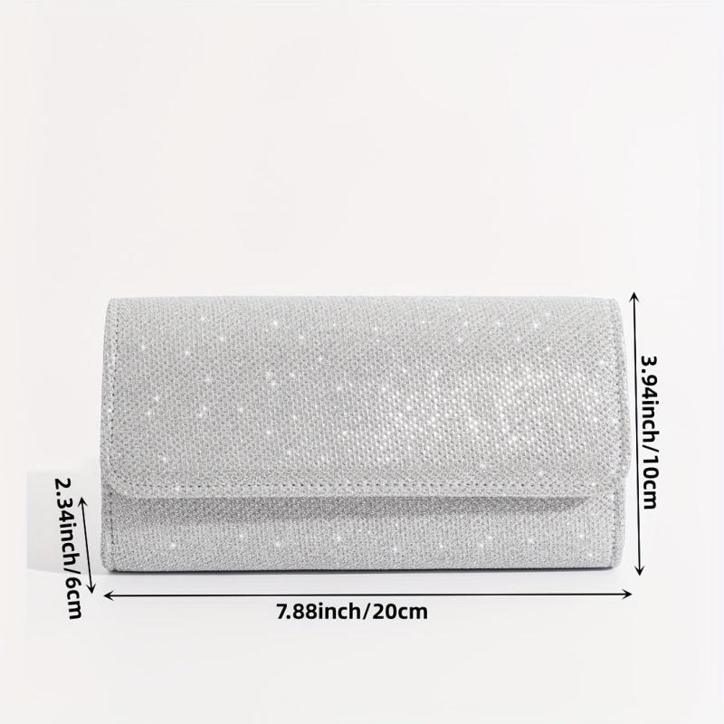 Glitter Flap Evening Bag Chain Strap Silver Clutch Bag