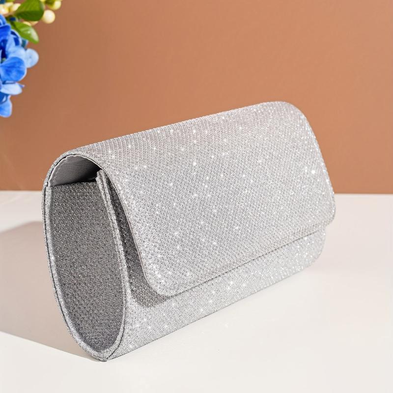 Glitter Flap Evening Bag Chain Strap Silver Clutch Bag