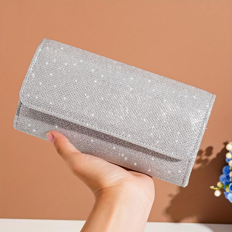 Glitter Flap Evening Bag Chain Strap Silver Clutch Bag
