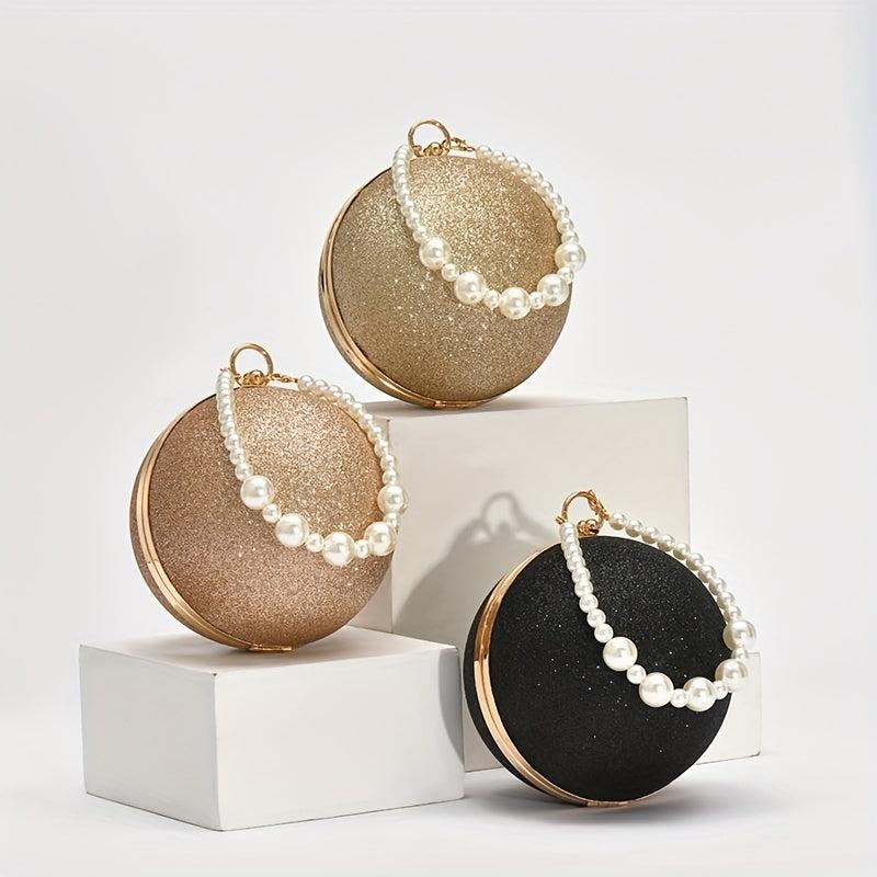 Glitter Clutch Round Wallet Evening Bag Stylish Satchel With Bead Strap
