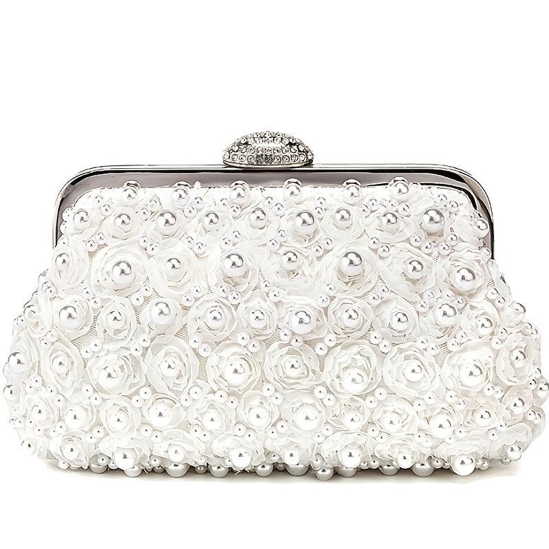 Pearl Flower Evening Bag Rhinestones Buckle Chain Clutch