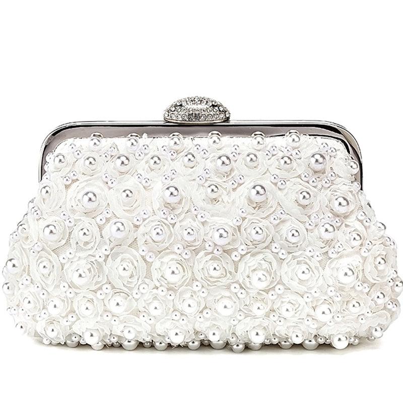 Pearl Flower Evening Bag Rhinestones Buckle Chain Clutch