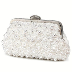 Pearl Flower Evening Bag Rhinestones Buckle Chain Clutch
