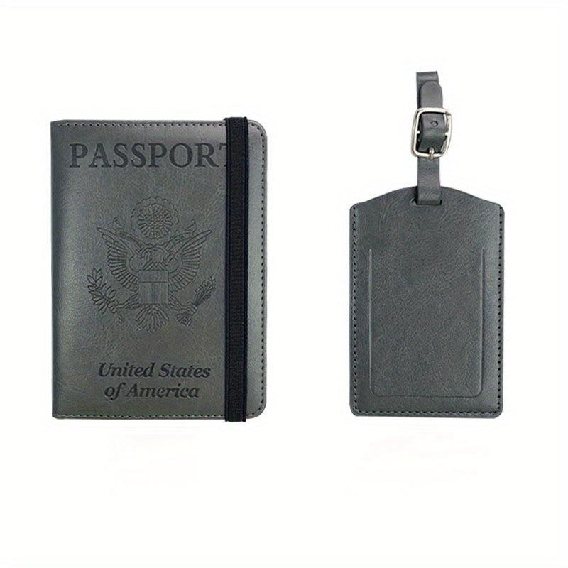 2pcs PU Leather Passport Holder Set Strap Card Cover Luggage Tag