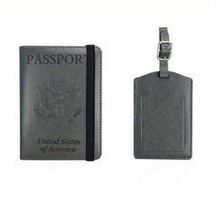 2pcs PU Leather Passport Holder Set Strap Card Cover Luggage Tag