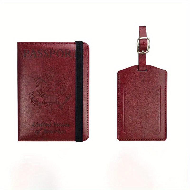 2pcs PU Leather Passport Holder Set Strap Card Cover Luggage Tag
