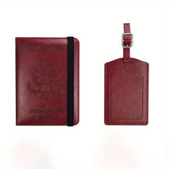 2pcs PU Leather Passport Holder Set Strap Card Cover Luggage Tag