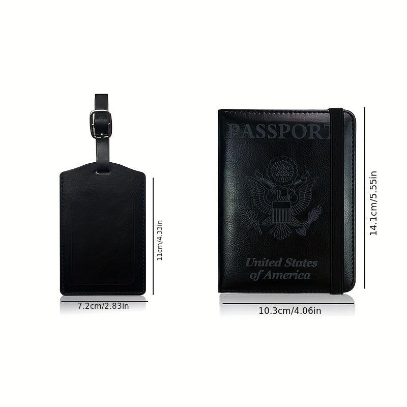 2pcs PU Leather Passport Holder Set Strap Card Cover Luggage Tag