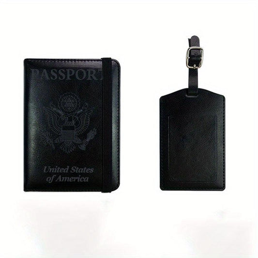 2pcs PU Leather Passport Holder Set Strap Card Cover Luggage Tag