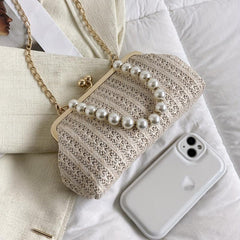 Straw Woven Kiss Lock Handbag with Faux Pearl Decor