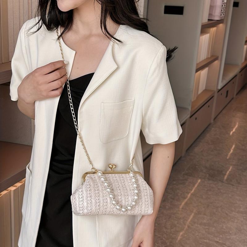 Straw Woven Kiss Lock Handbag with Faux Pearl Decor