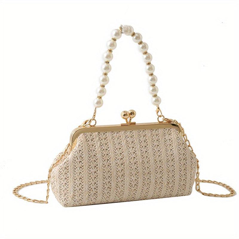 Straw Woven Kiss Lock Handbag with Faux Pearl Decor