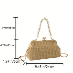Straw Woven Kiss Lock Handbag with Faux Pearl Decor