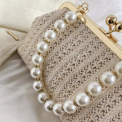 Straw Woven Kiss Lock Handbag with Faux Pearl Decor