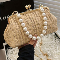 Straw Woven Kiss Lock Handbag with Faux Pearl Decor