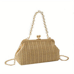 Straw Woven Kiss Lock Handbag with Faux Pearl Decor