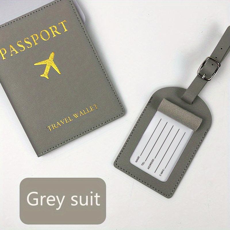 2pcs Travel Passport Case & Luggage Tag Set PU Leather Hot Stamping