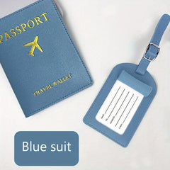 2pcs Travel Passport Case & Luggage Tag Set PU Leather Hot Stamping
