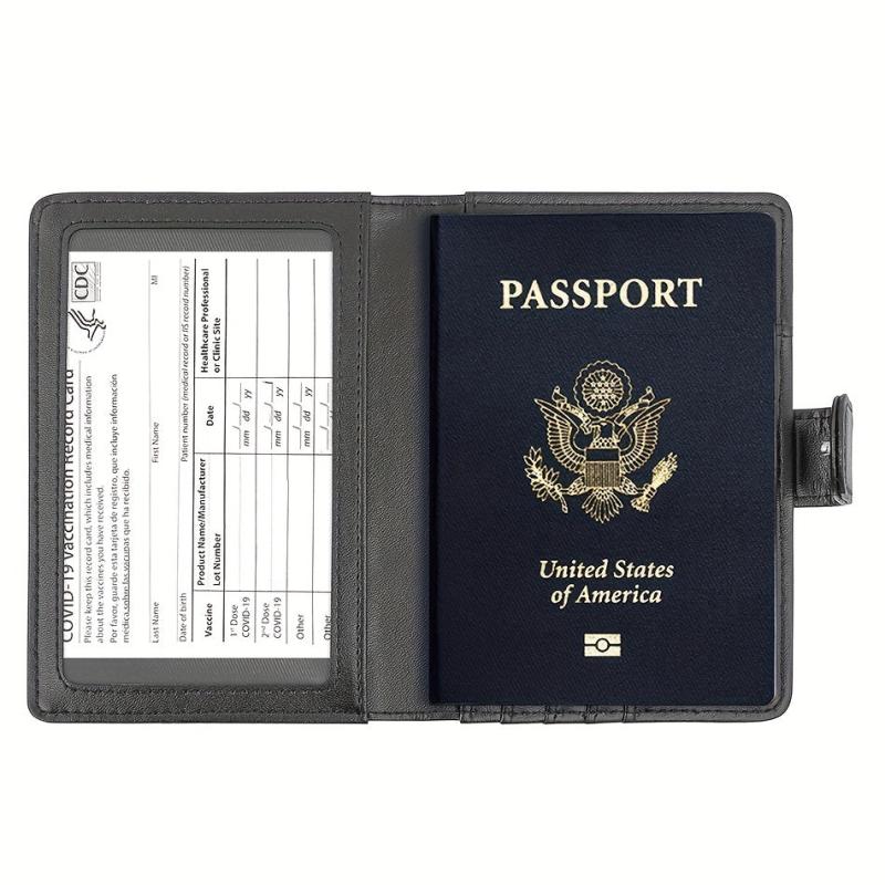RFID Anti Theft Passport Holder PU Leather Durable Button CDC Vaccine