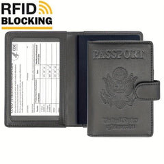 RFID Anti Theft Passport Holder PU Leather Durable Button CDC Vaccine