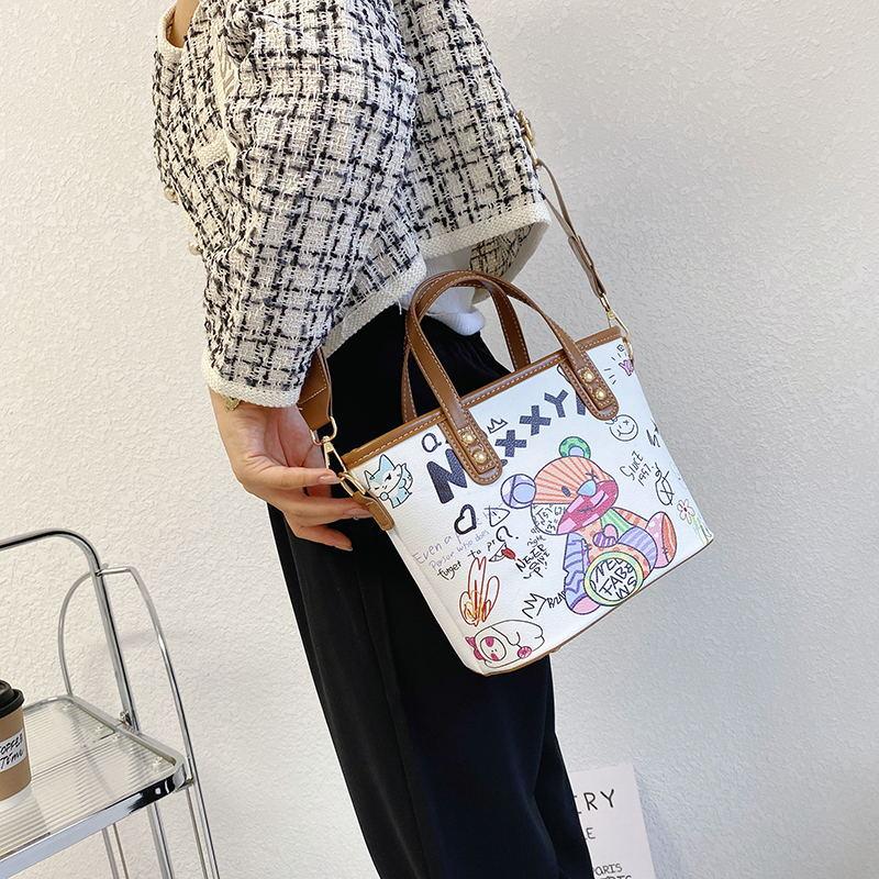 Bear Pattern Satchel Crossbody Bucket Bag PU Leather Textured Bag Purse