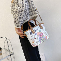 Bear Pattern Satchel Crossbody Bucket Bag PU Leather Textured Bag Purse
