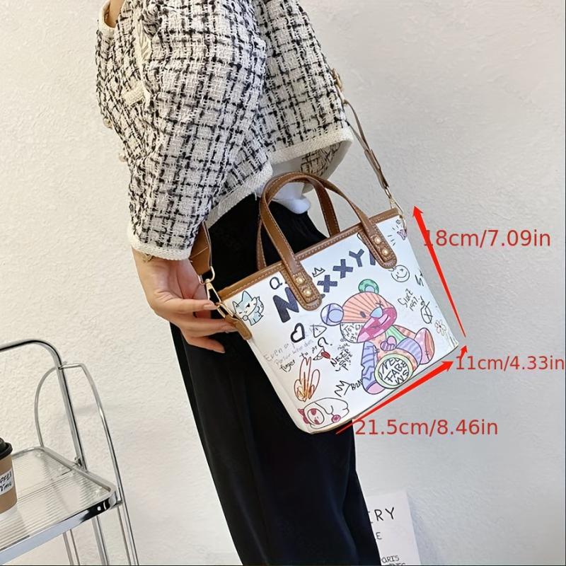 Bear Pattern Satchel Crossbody Bucket Bag PU Leather Textured Bag Purse