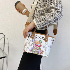 Bear Pattern Satchel Crossbody Bucket Bag PU Leather Textured Bag Purse