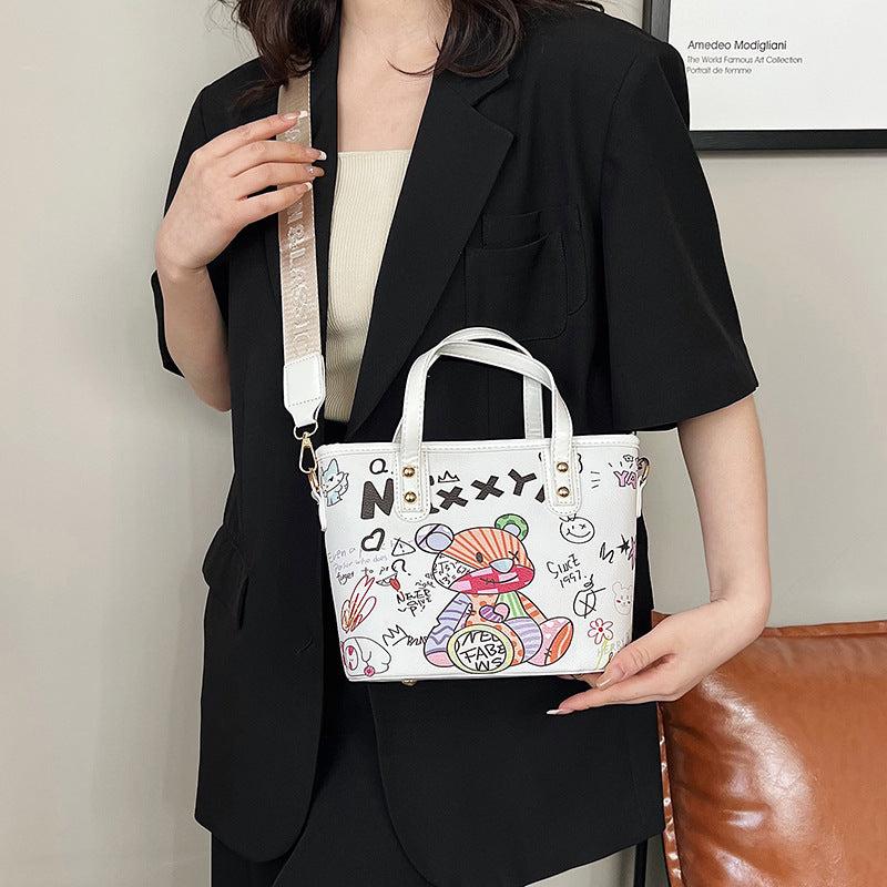 Bear Pattern Satchel Crossbody Bucket Bag PU Leather Textured Bag Purse