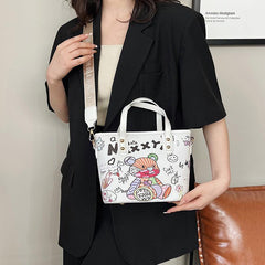 Bear Pattern Satchel Crossbody Bucket Bag PU Leather Textured Bag Purse