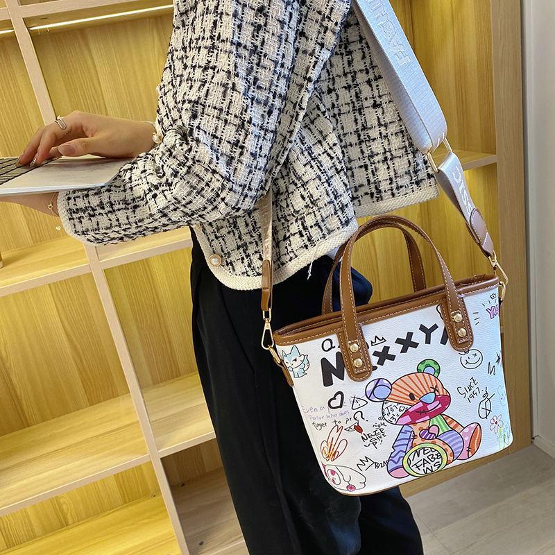 Bear Pattern Satchel Crossbody Bucket Bag PU Leather Textured Bag Purse