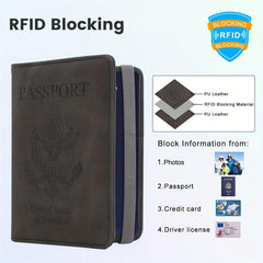 RFID Blocking Passport Holder with ID Card Slot and Pen - PU Leather