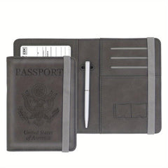 RFID Blocking Passport Holder with ID Card Slot and Pen - PU Leather