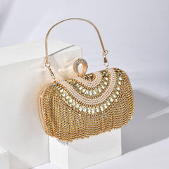 Rhinestone Tassel Decor Box Bag Glitter Evening Clutch Purse Women's