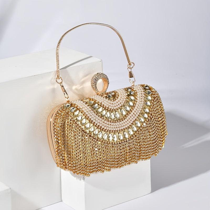 Rhinestone Tassel Decor Box Bag Glitter Evening Clutch Purse Women's