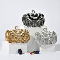 Rhinestone Tassel Decor Box Bag Glitter Evening Clutch Purse Women's