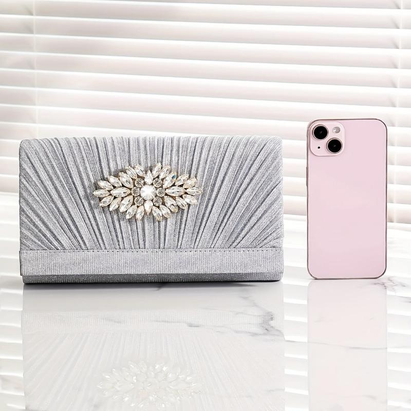Pleated Rhinestone Chain Clutch Elegent Evening Bag